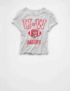 AE Wisconsin Badgers Graphic Cropped Baby Tee Gray Heather -American Eagle Fashion 1301 1226 069 f