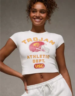 AE USC Trojans Graphic Cropped Baby Tee Cool White