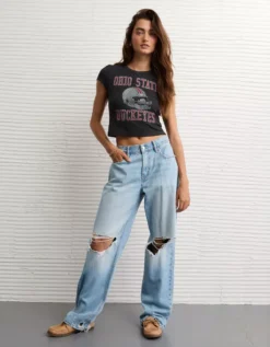 AE Ohio State Buckeyes Graphic Cropped Baby Tee Faded Black -American Eagle Fashion 1301 1237 094 os