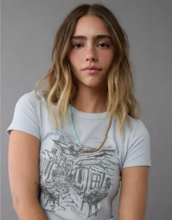 AE Destination Graphic Hey Baby Tee Light Blue