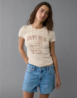 AE Happy Hour Graphic Hey Baby Tee Beige