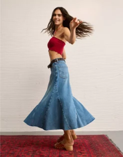 AE Low-Rise Pieced Denim Maxi Skirt Medium Wash