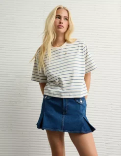 AE Stretch Low-Rise A-Line Pleated Mini Skirt Medium Indigo Wash -American Eagle Fashion 1313 5190 540 os