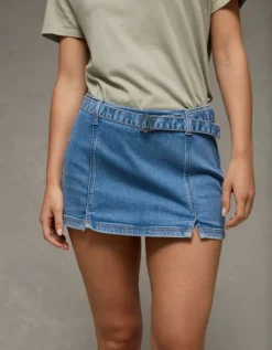 AE Next Level Low-Rise Belted Denim Micro Skort Light Wash -American Eagle Fashion 1313 5197 915 os
