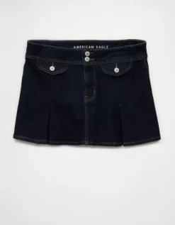 AE Stretch Low-Rise A-Line Pleated Mini Skirt Dark Wash -American Eagle Fashion 1313 5222 896 f