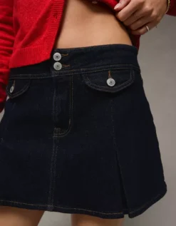 AE Stretch Low-Rise A-Line Pleated Mini Skirt Dark Wash -American Eagle Fashion 1313 5222 896 os