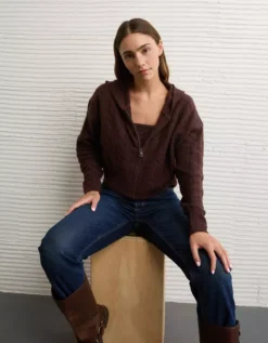 AE Whoa So Soft Cropped Zip-Up Hoodie Brown -American Eagle Fashion 1340 1628 200 d2