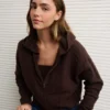 AE Whoa So Soft Cropped Zip-Up Hoodie Brown