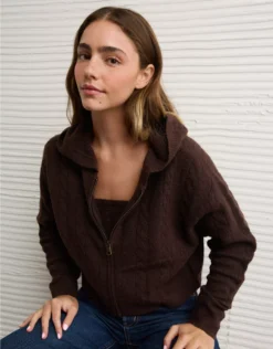 AE Whoa So Soft Cropped Zip-Up Hoodie Brown