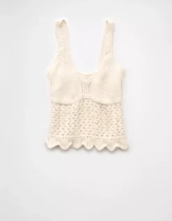 AE V-Neck Pointelle Scalloped Crochet Tank Top Cream -American Eagle Fashion 1341 1464 106 f