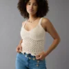 AE V-Neck Pointelle Scalloped Crochet Tank Top Cream