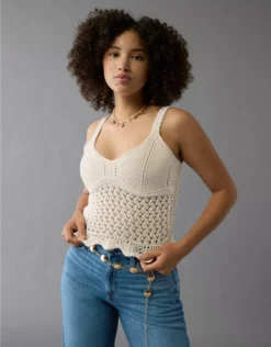 AE V-Neck Pointelle Scalloped Crochet Tank Top Cream