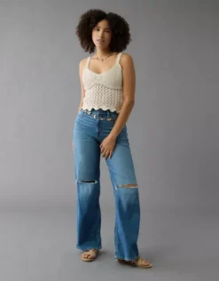 AE V-Neck Pointelle Scalloped Crochet Tank Top Cream -American Eagle Fashion 1341 1464 106 os