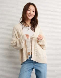 AE Open Front Cable Cardigan Cream