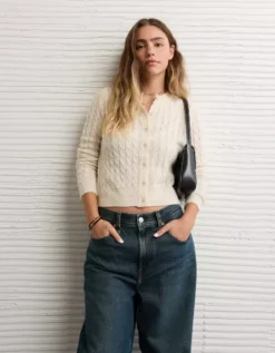 AE Whoa So Soft Button-Front Cardigan Cream -American Eagle Fashion 1341 1540 106 os