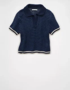 AE Cropped Crochet Sweater Polo Shirt Midnight -American Eagle Fashion 1341 1554 766 f