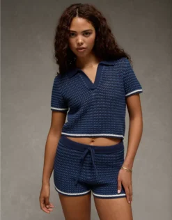 AE Cropped Crochet Sweater Polo Shirt Midnight