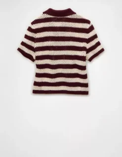 AE Cropped Crochet Sweater Polo Shirt Wineberry -American Eagle Fashion 1341 1554 902 b