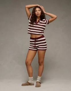 AE Cropped Crochet Sweater Polo Shirt Wineberry -American Eagle Fashion 1341 1554 902 os