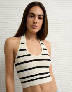 AE Cropped Striped Sweater Halter Top Cream