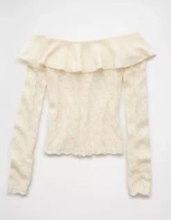AE Ruffle Off-The-Shoulder Sweater Cream -American Eagle Fashion 1341 1615 106 b