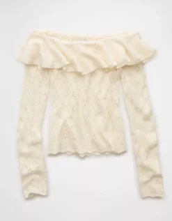 AE Ruffle Off-The-Shoulder Sweater Cream -American Eagle Fashion 1341 1615 106 f