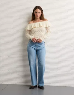AE Ruffle Off-The-Shoulder Sweater Cream