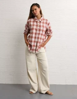 AE Oversized Flannel Shirt Burgundy -American Eagle Fashion 1354 6606 613 os