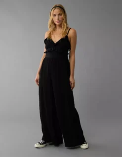 AE Ruffle Wide-Leg Jumpsuit Black -American Eagle Fashion 1396 8119 001 os