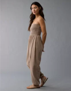 AE Sunchaser Knit Smocked Tube Jumpsuit Brown