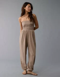 AE Sunchaser Knit Smocked Tube Jumpsuit Brown -American Eagle Fashion 1396 8222 200 os