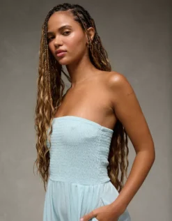 AE Sunchaser Knit Smocked Tube Jumpsuit Blue -American Eagle Fashion 1396 8222 400 os