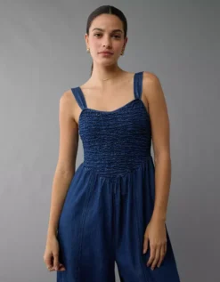 AE Smocked Sweetheart Jumpsuit Navy -American Eagle Fashion 1396 8340 410 os