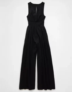 AE Smocked V-Neck Jumpsuit Black -American Eagle Fashion 1399 7798 001 b