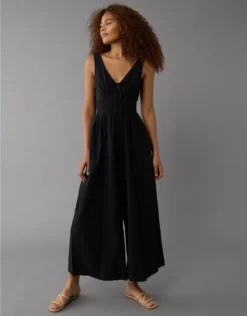 AE Smocked V-Neck Jumpsuit Black