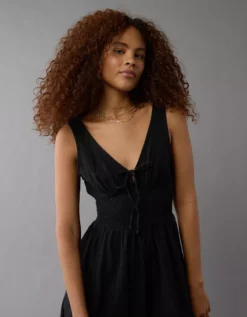 AE Smocked V-Neck Jumpsuit Black -American Eagle Fashion 1399 7798 001 os