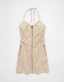 AE Poplin Zip-Front Halter Mini Dress Brown -American Eagle Fashion 1399 7882 200 f