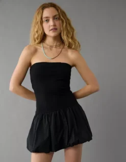 AE Strapless Drop Waist Bubble Mini Dress Black -American Eagle Fashion 1399 8208 001 os