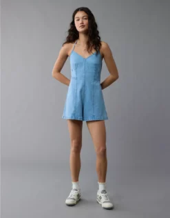 AE Halter Denim Romper Blue