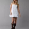 AE Denim Ruffle Mini Shift Dress White