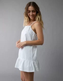 AE Denim Ruffle Mini Shift Dress White -American Eagle Fashion 1399 8374 100 os