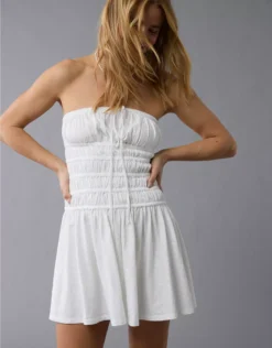 AE Sunchaser Knit Strapless Smocked Bodice Mini Dress Cream