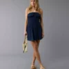 AE Sunchaser Knit Strapless Smocked Bodice Mini Dress Navy