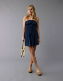 AE Sunchaser Knit Strapless Smocked Bodice Mini Dress Navy