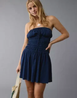 AE Sunchaser Knit Strapless Smocked Bodice Mini Dress Navy -American Eagle Fashion 1399 8380 410 os