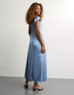 AE Satin Sweetheart Off-The-Shoulder Maxi Dress Navy -American Eagle Fashion 1399 8396 410 ob