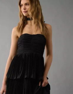 AE Tiered Pleated Maxi Dress Black -American Eagle Fashion 1399 8397 001 os