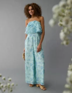 AE Strapless Ruffle Jumpsuit Blue -American Eagle Fashion 1399 8398 400 os