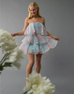 AE Strapless Ruffle Tiered Mini Dress Blue