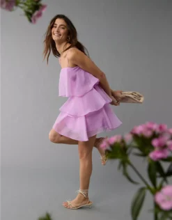 AE Strapless Ruffle Tiered Mini Dress Berry